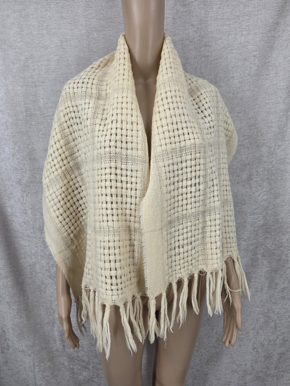 Vintage Wool Open Weave Scarf Shawl Wrap with Fringe Cream with Metallic Gold